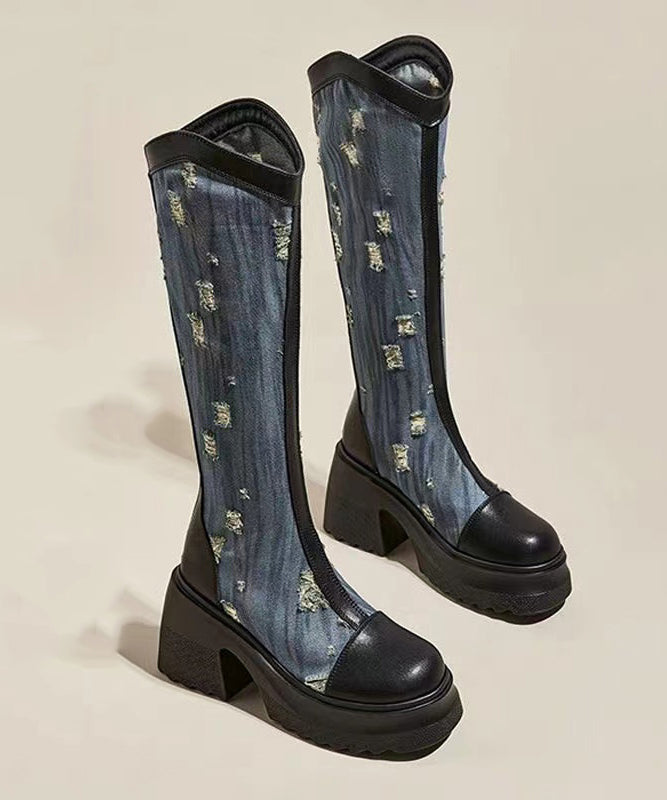Bottes de cowboy épaisses ajourées en coton noir avec fermeture éclair et épissure SL1005