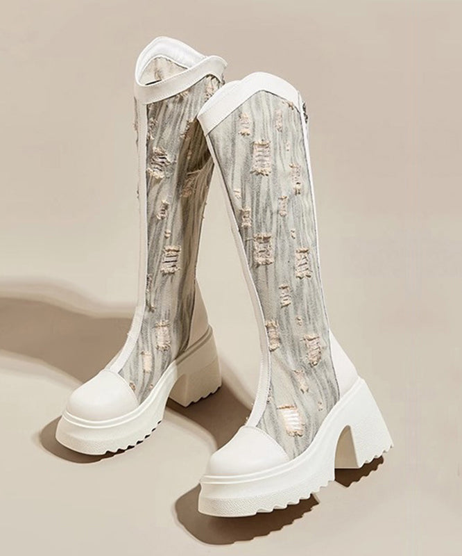Bottes de cowboy épaisses ajourées en coton noir avec fermeture éclair et épissure SL1005