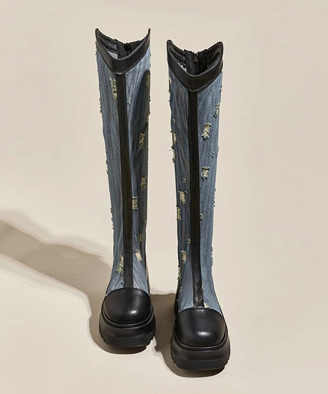 Bottes de cowboy épaisses ajourées en coton noir avec fermeture éclair et épissure SL1005