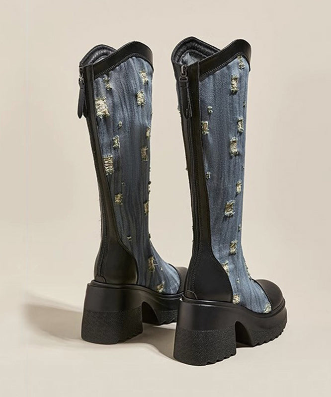 Bottes de cowboy épaisses ajourées en coton noir avec fermeture éclair et épissure SL1005