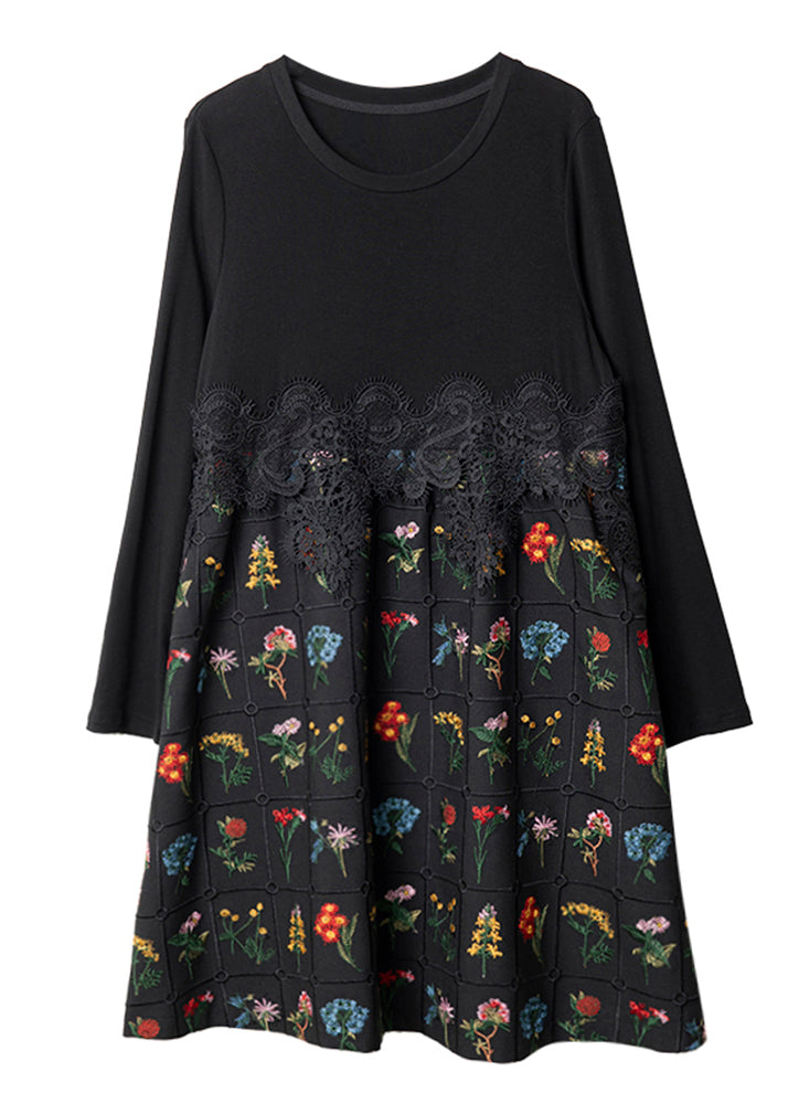 Mode Schwarz Bestickte Spitze Patchwork Baumwolle Kleid Frühling RL024