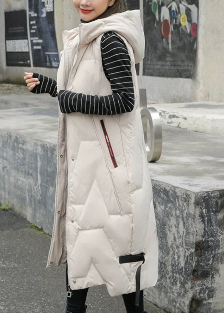 Mode Schwarz Mit Kapuze Patchwork Lange Entendaunen Weste Ärmellos TD032