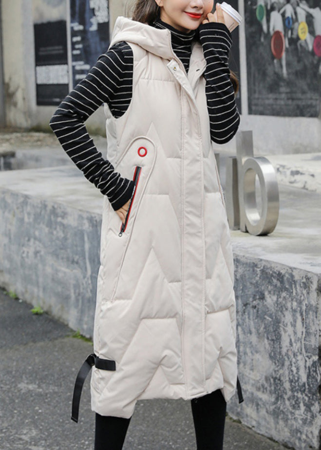 Mode Schwarz Mit Kapuze Patchwork Lange Entendaunen Weste Ärmellos TD032