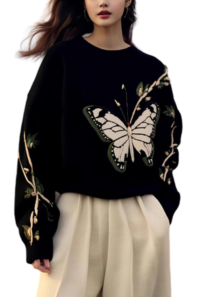 Fashion Black O Neck Butterfly Print Knit Sweaters Spring YY007