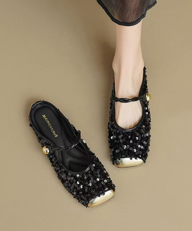 Sandals Fashion Strap Sequins Black Slide Splicing Buckle