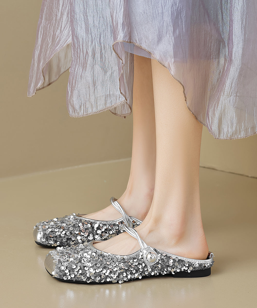 Sandals Fashion Strap Sequins Black Slide Splicing Buckle