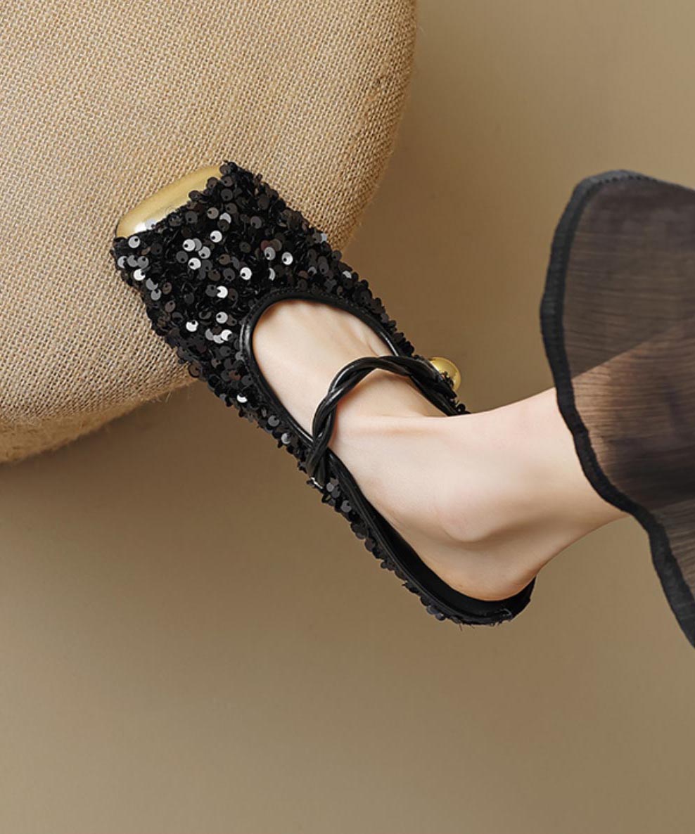 Sandals Fashion Strap Sequins Black Slide Splicing Buckle