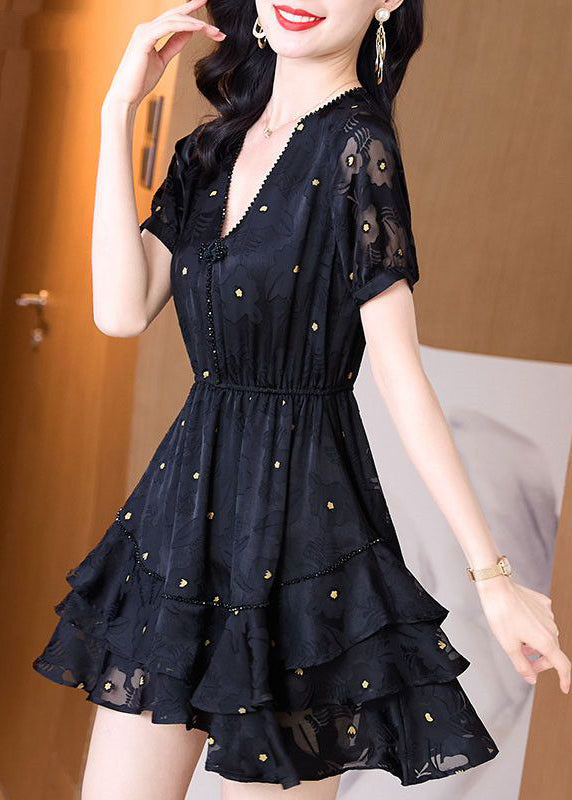 Patchwork Kleid Cinched Mid V Mode Tüll Hals Sommer Schwarz