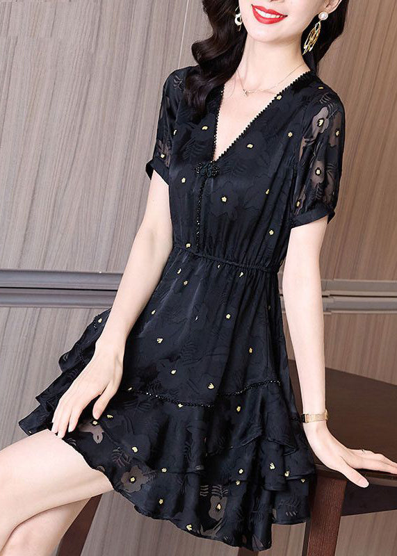 Patchwork Kleid Cinched Mid V Mode Tüll Hals Sommer Schwarz