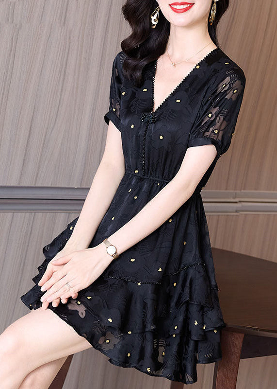 Patchwork Kleid Cinched Mid V Mode Tüll Hals Sommer Schwarz
