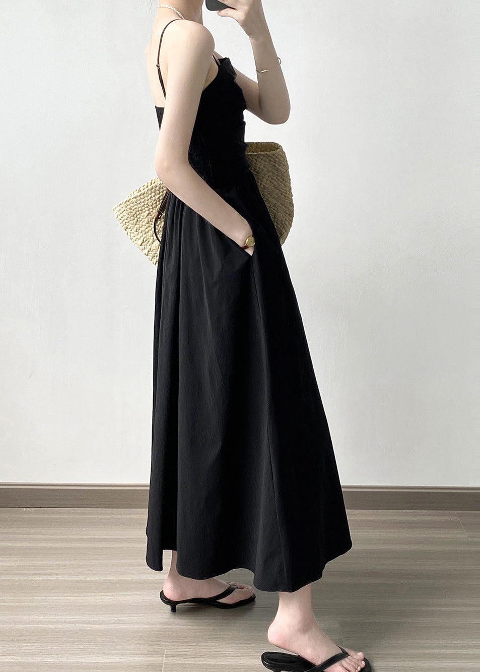 Mode Schwarz Faltig Patchwork Baumwolle Spaghetti Strap Kleid Ärmelloses QB005