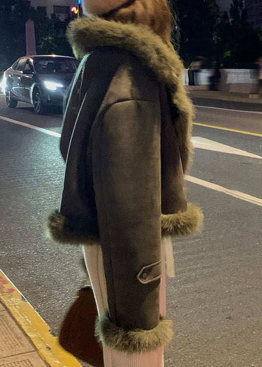 Mode Schwärzlich Grün Pelz Kragen Patchwork Faux Wildleder Parkas Winter ER010