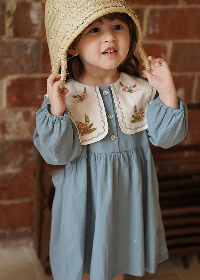 Fashion Blue Embroideried Patchwork Girls Long Dress Fall SS1034