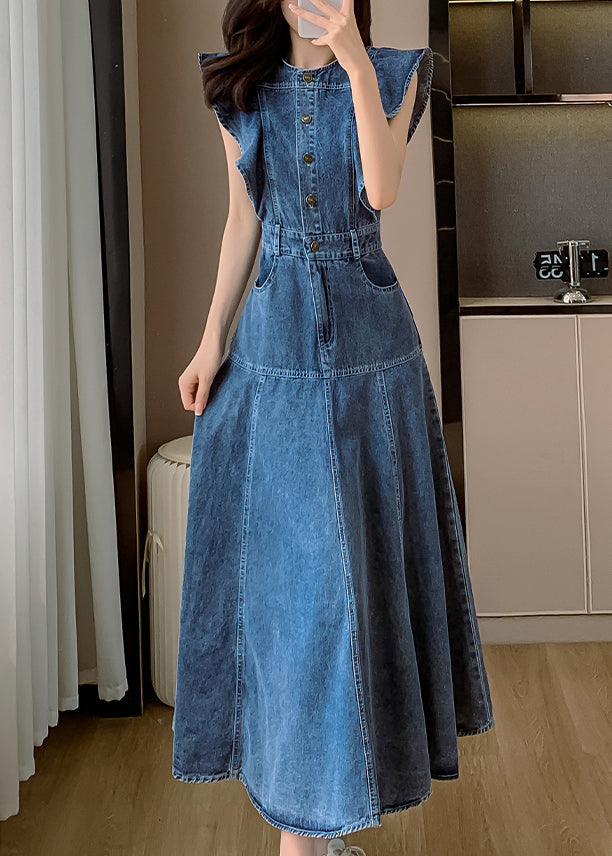 Denim Neck Schmetterling Ärmel Patchwork Blau Kleid O Mode Lange