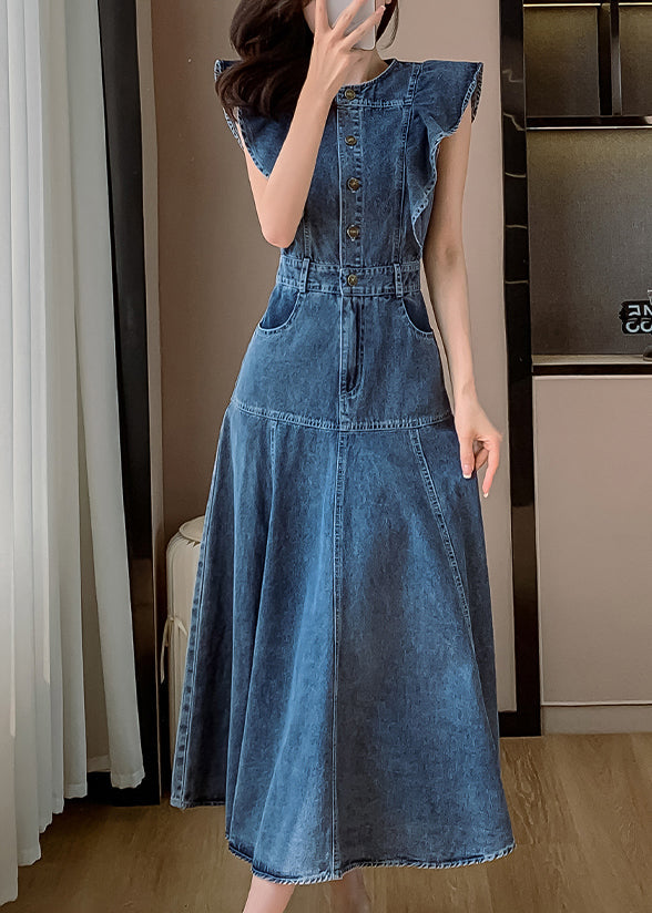 Denim Neck Schmetterling Ärmel Patchwork Blau Kleid O Mode Lange
