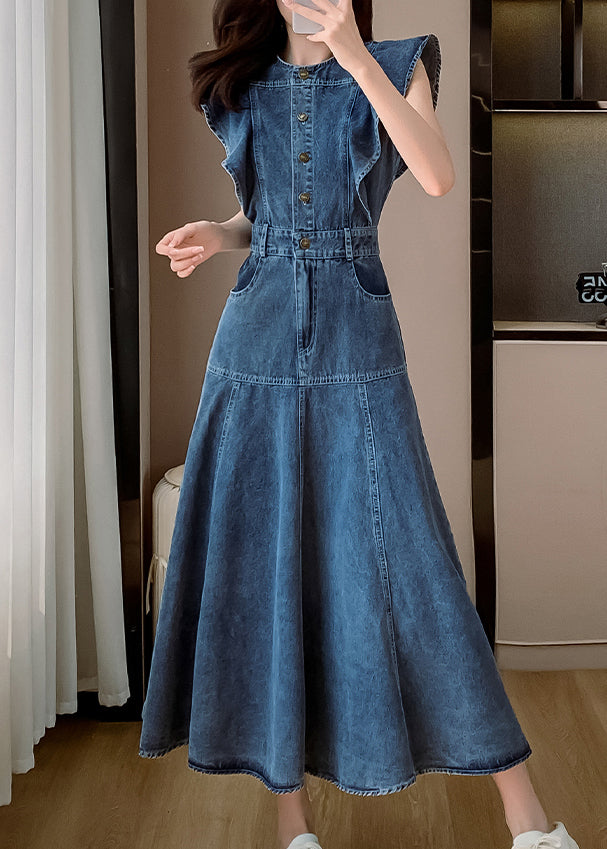 Denim Neck Schmetterling Ärmel Patchwork Blau Kleid O Mode Lange