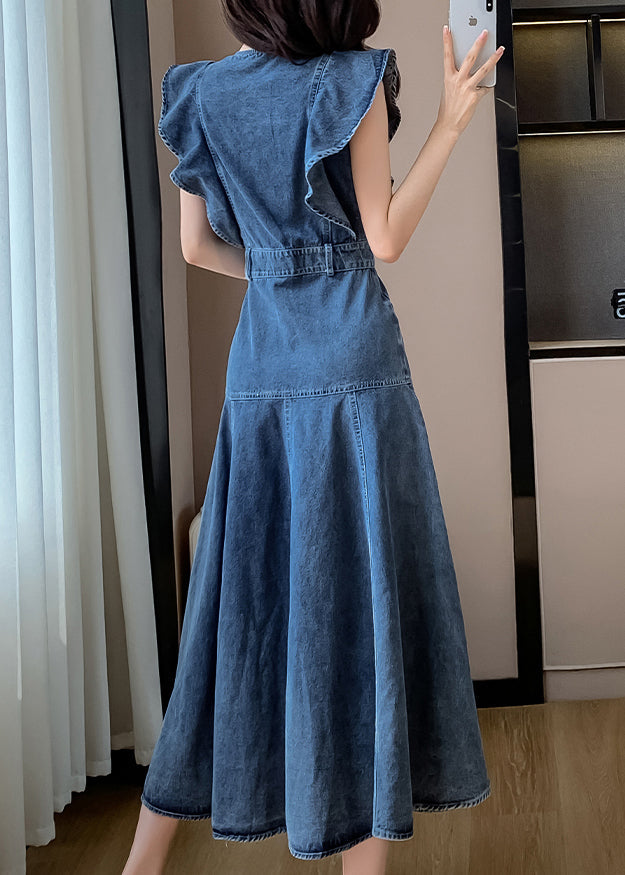 Denim Neck Schmetterling Ärmel Patchwork Blau Kleid O Mode Lange
