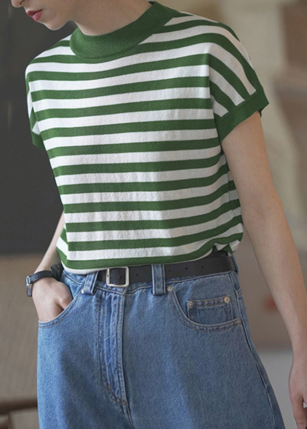 Mode Blau O Neck Striped Baumwolle T Shirts Top Sommer TH029