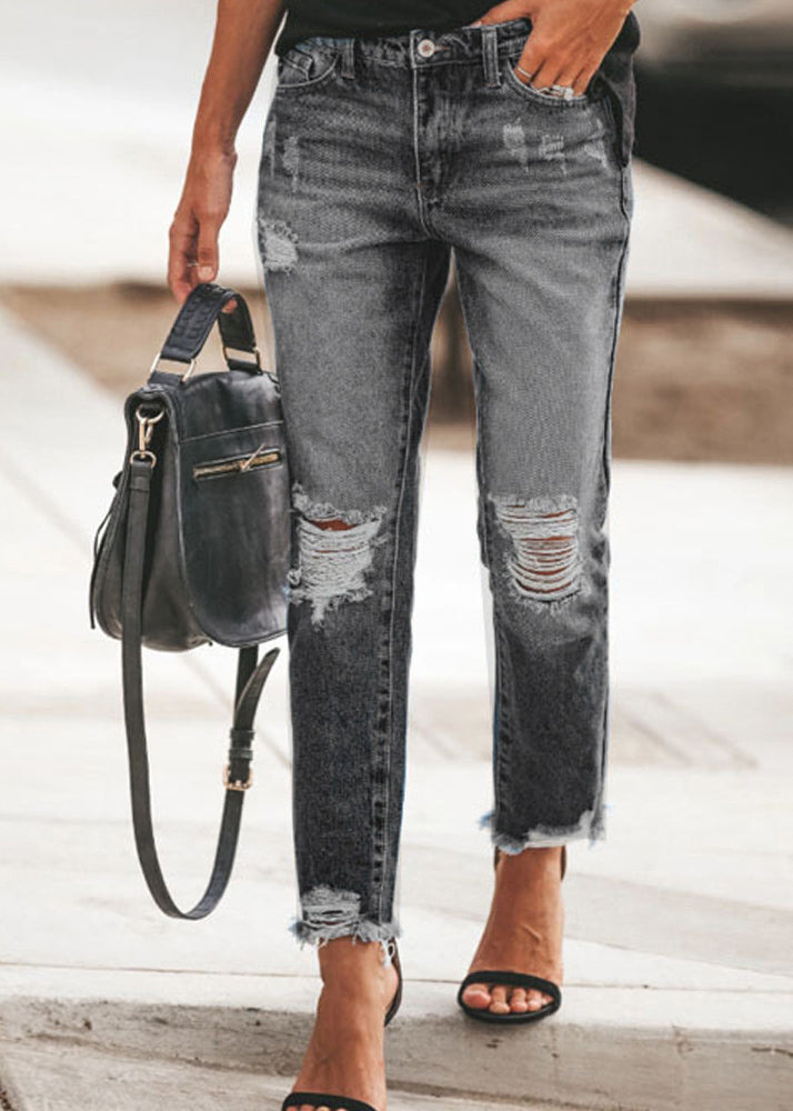 Pantalon en jean déchiré bleu à poches tendance pour l'été TH050