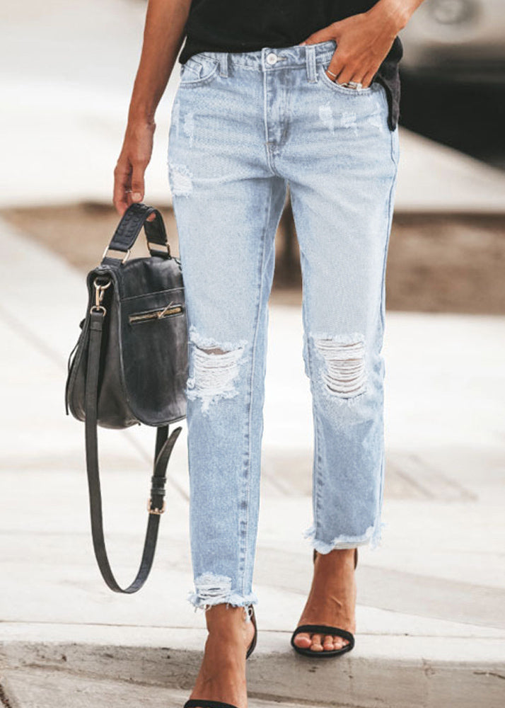 Pantalon en jean déchiré bleu à poches tendance pour l'été TH050