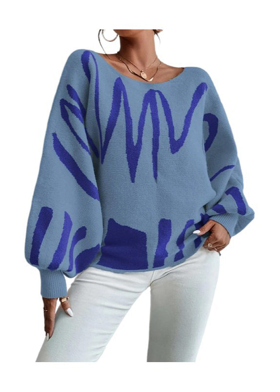 Mode Blau Slash Neck Stricken Pullover Laterne Ärmel QY017