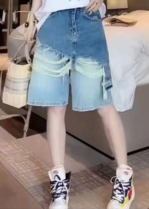 Short en jean deux pièces en patchwork à pompons bleu tendance été BV007