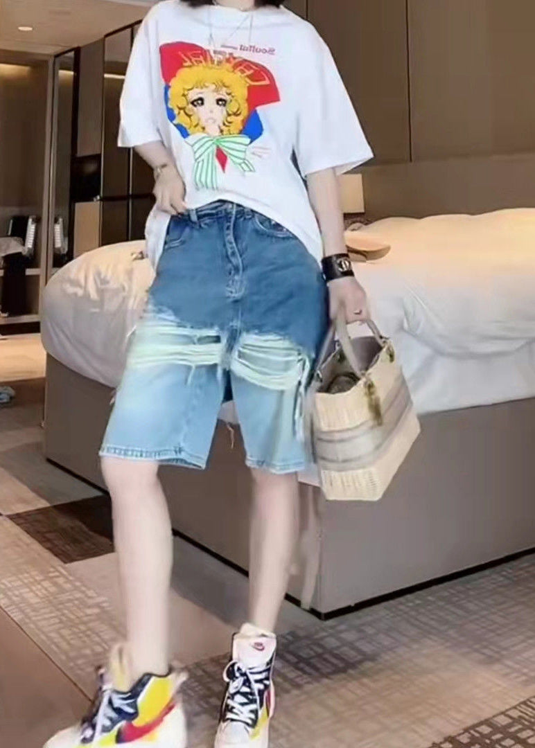 Short en jean deux pièces en patchwork à pompons bleu tendance été BV007