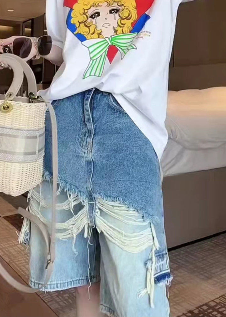 Short en jean deux pièces en patchwork à pompons bleu tendance été BV007