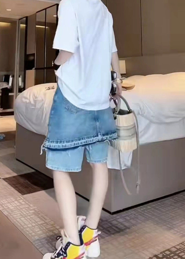 Short en jean deux pièces en patchwork à pompons bleu tendance été BV007