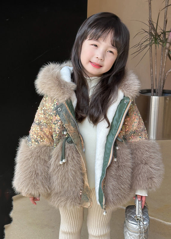 Mode Braun Pelz Kragen Pailletten Patchwork Kinder Hoodies Leder Und Pelz Mäntel WinterTG025