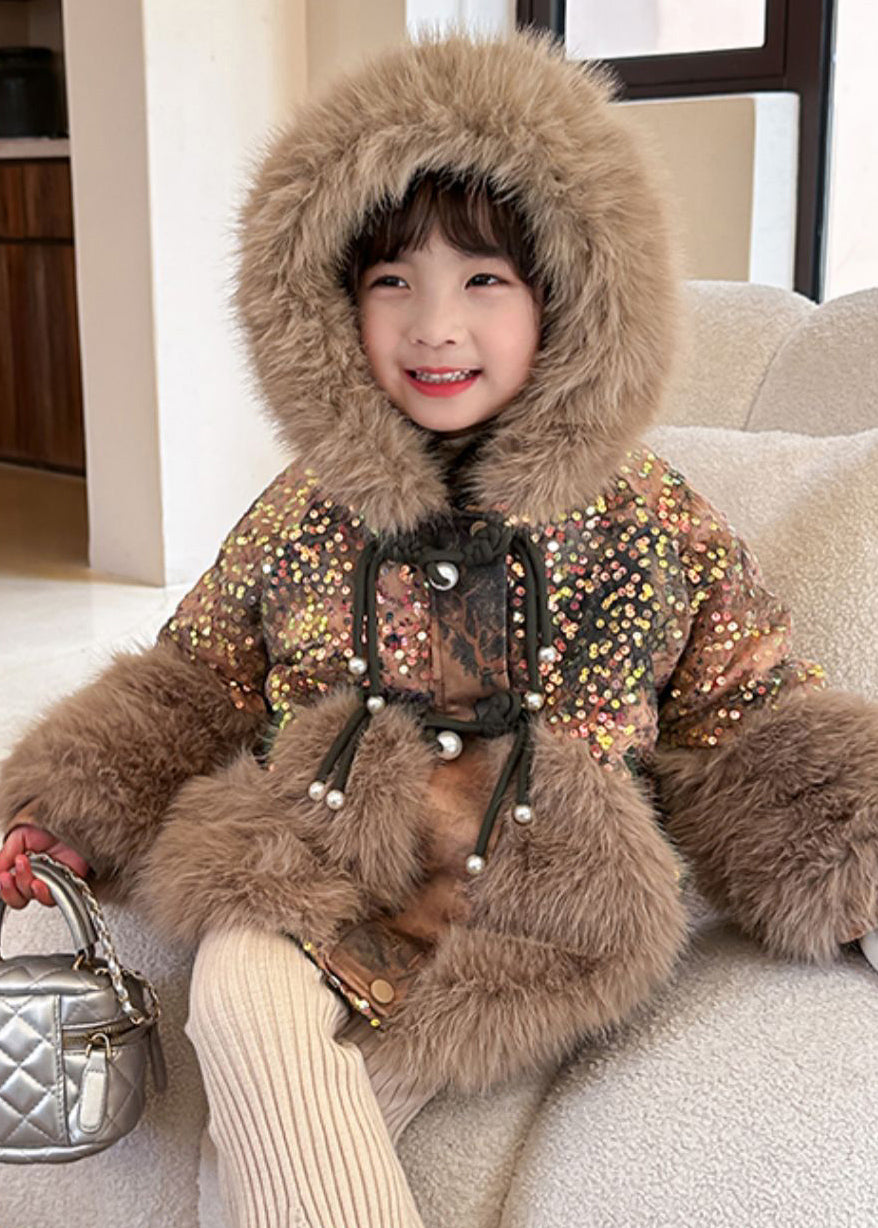 Mode Braun Pelz Kragen Pailletten Patchwork Kinder Hoodies Leder Und Pelz Mäntel WinterTG025