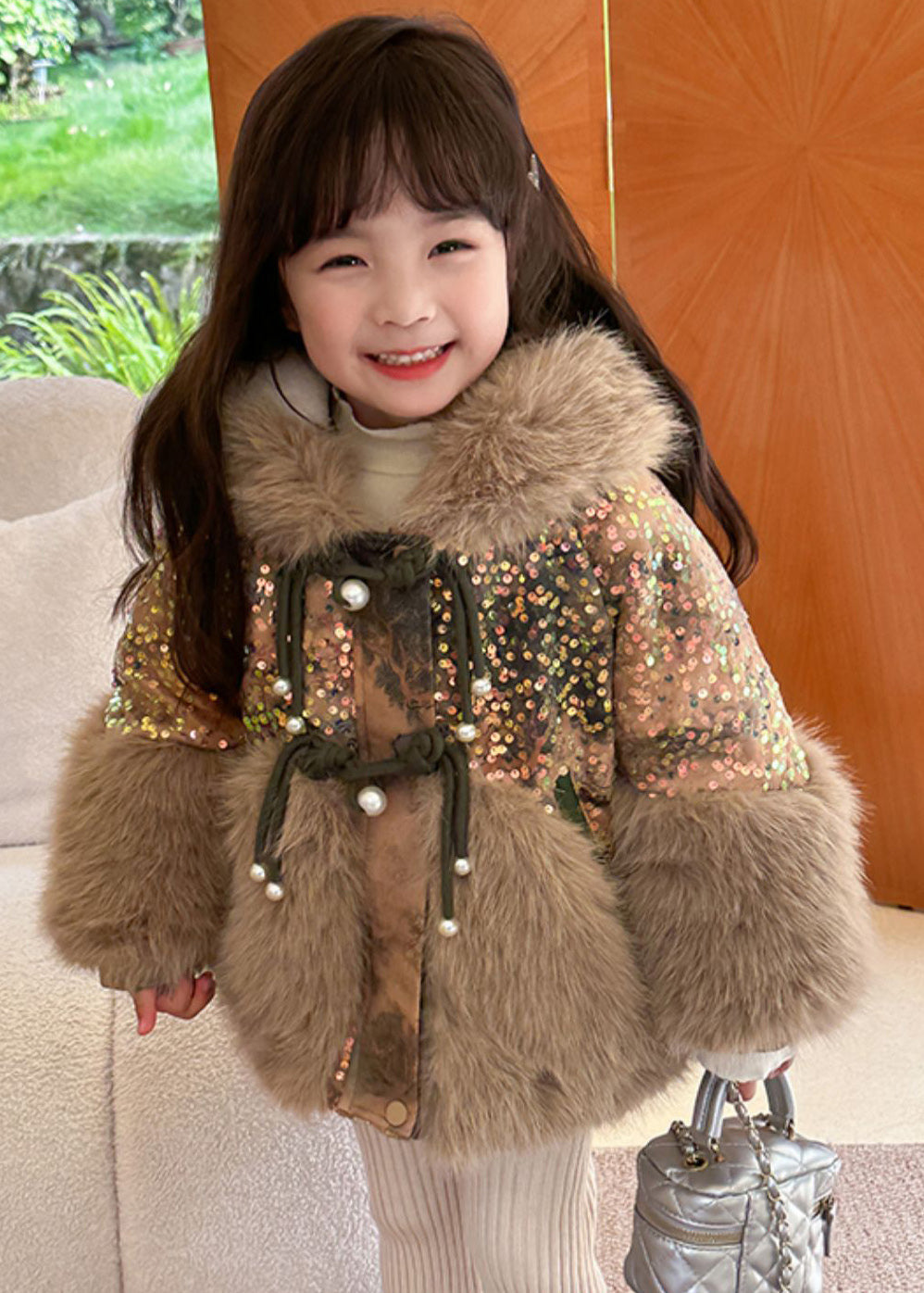 Mode Braun Pelz Kragen Pailletten Patchwork Kinder Hoodies Leder Und Pelz Mäntel WinterTG025