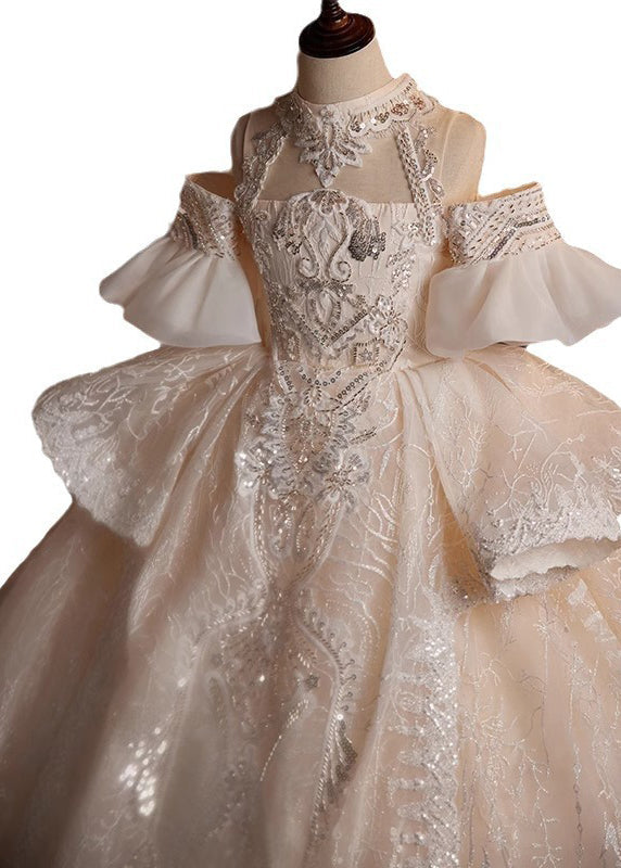 Mode Champagner Rollkragen bestickt Tüll Kinder Maxi Kleider Sommer YG007