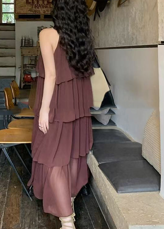 Mode Kaffee O Neck Layered Faltig Patchwork Chiffon Kleider Ärmelloses XX020