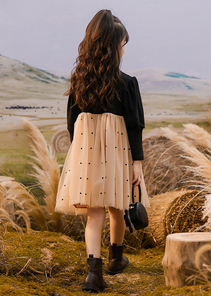 Mode Colorblock O-Ausschnitt Bogen Dot Patchwork Tüll Kinder Urlaub Maxi Kleider Frühling TG009