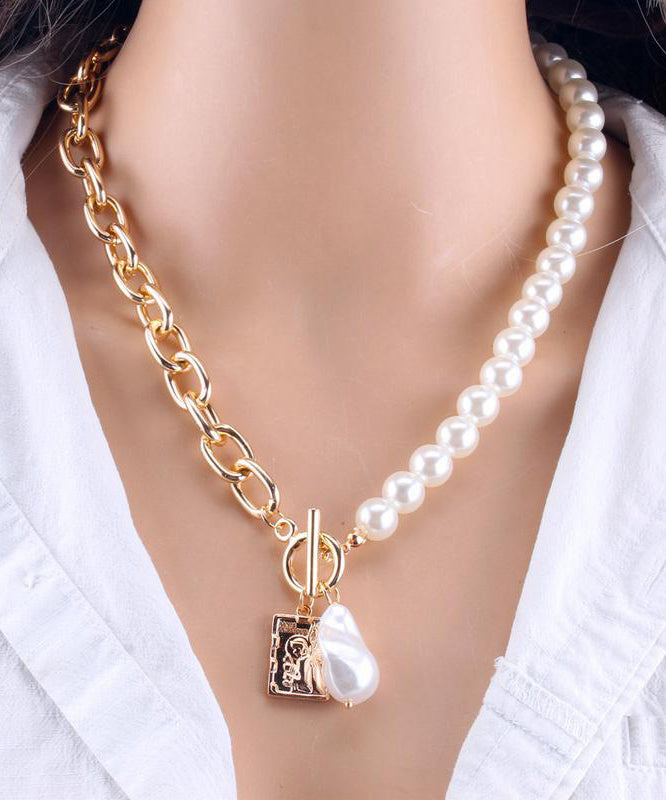 Chaîne de perles en métal doré pour femme, collier baroque tendance