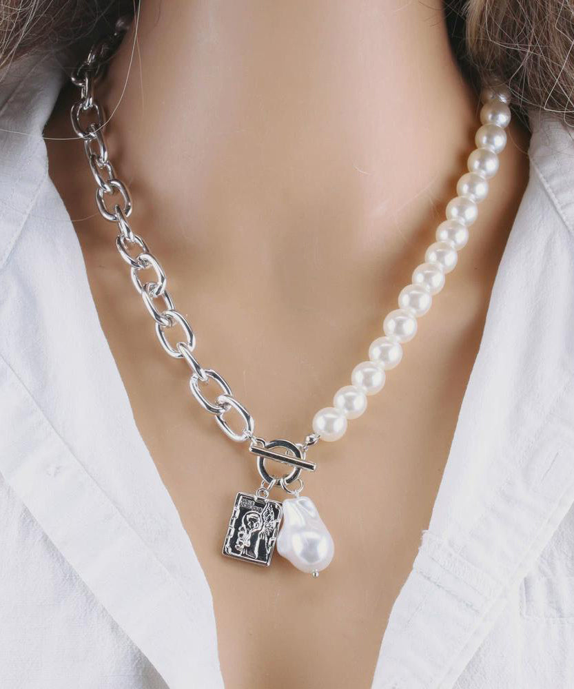 Chaîne de perles en métal doré pour femme, collier baroque tendance