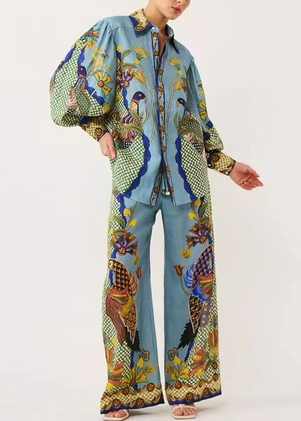 Green Shirts Fashion Print And Leg Peter Pants Wide Pan Collar