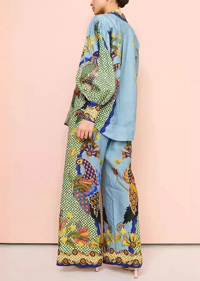 Green Shirts Fashion Print And Leg Peter Pants Wide Pan Collar