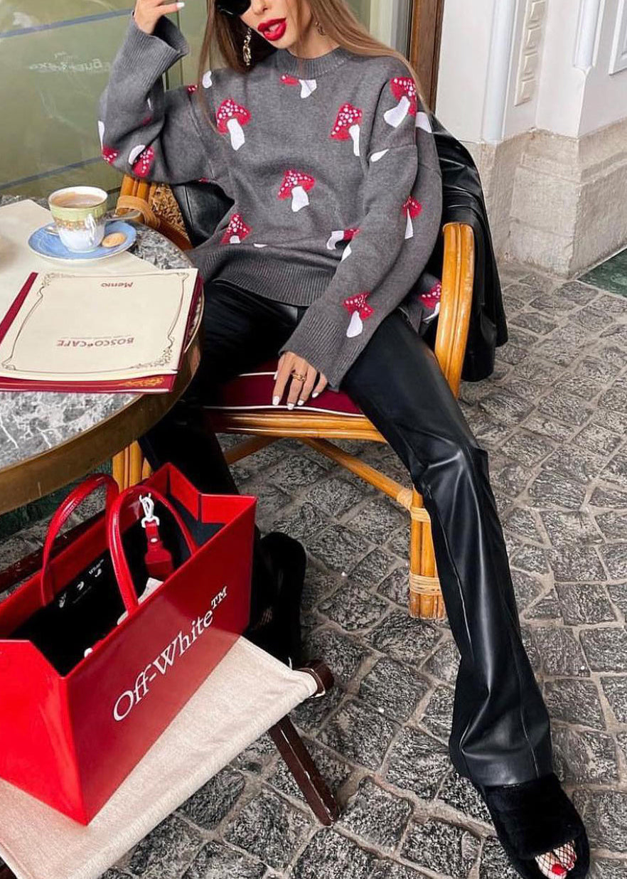 Mode Grau O Neck Jacquard Dicken Strick Pullover Herbst QY020