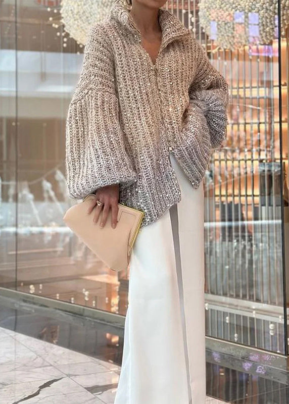 Mode Licht Kamel Zip Up Pailletten Strickjacke Frühling YY019