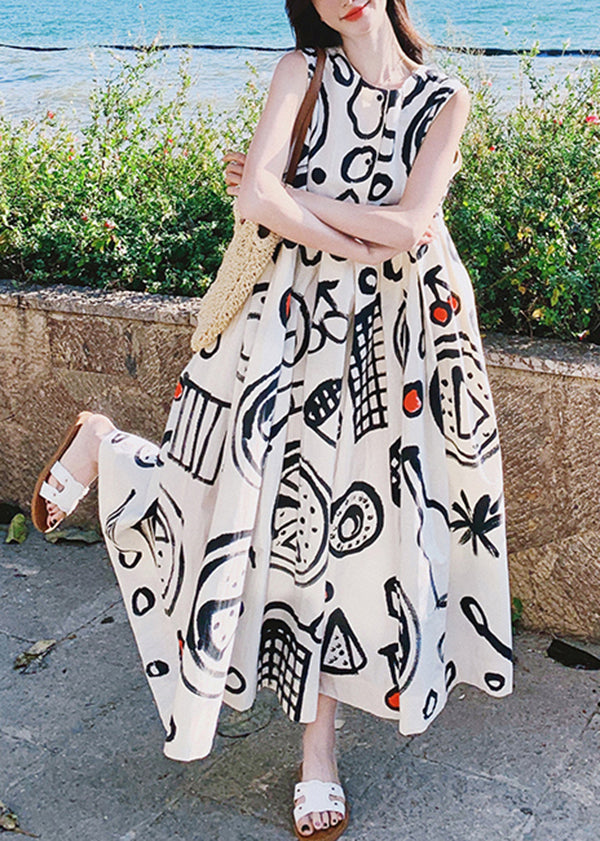 Graffiti Kleid Hals O Mode Ärmellos Baumwolle Print Lange