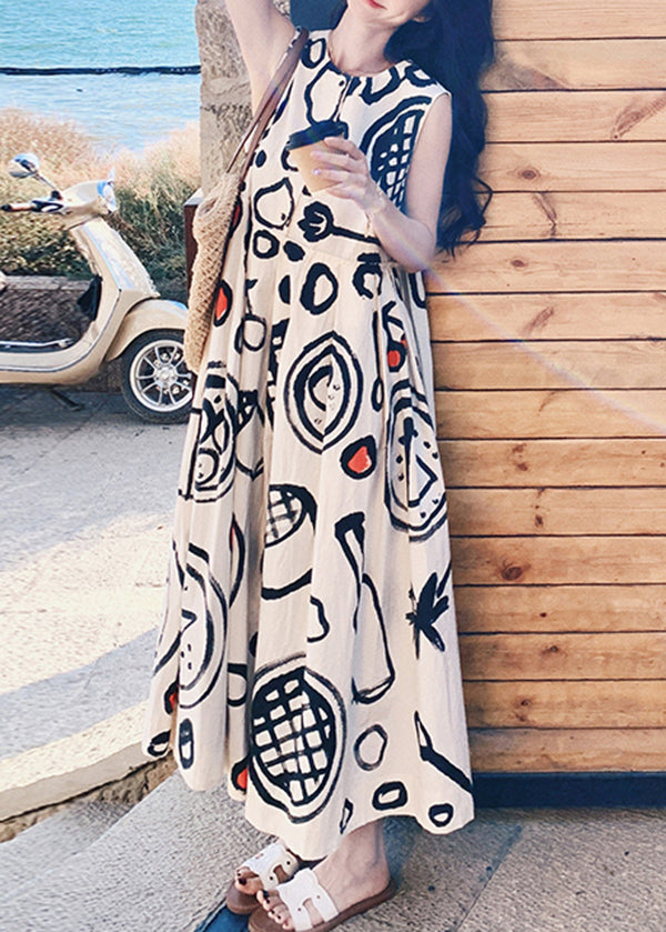 Graffiti Kleid Hals O Mode Ärmellos Baumwolle Print Lange