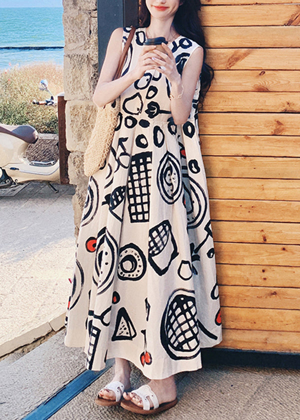 Graffiti Kleid Hals O Mode Ärmellos Baumwolle Print Lange
