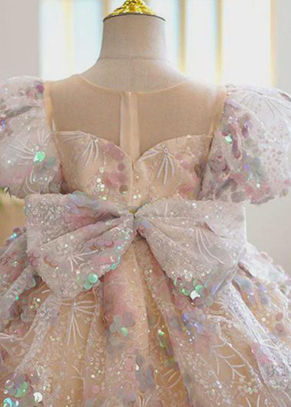 Mode O-Ausschnitt Pailletten Patchwork Tüll Kinder Maxikleid Sommer YS018