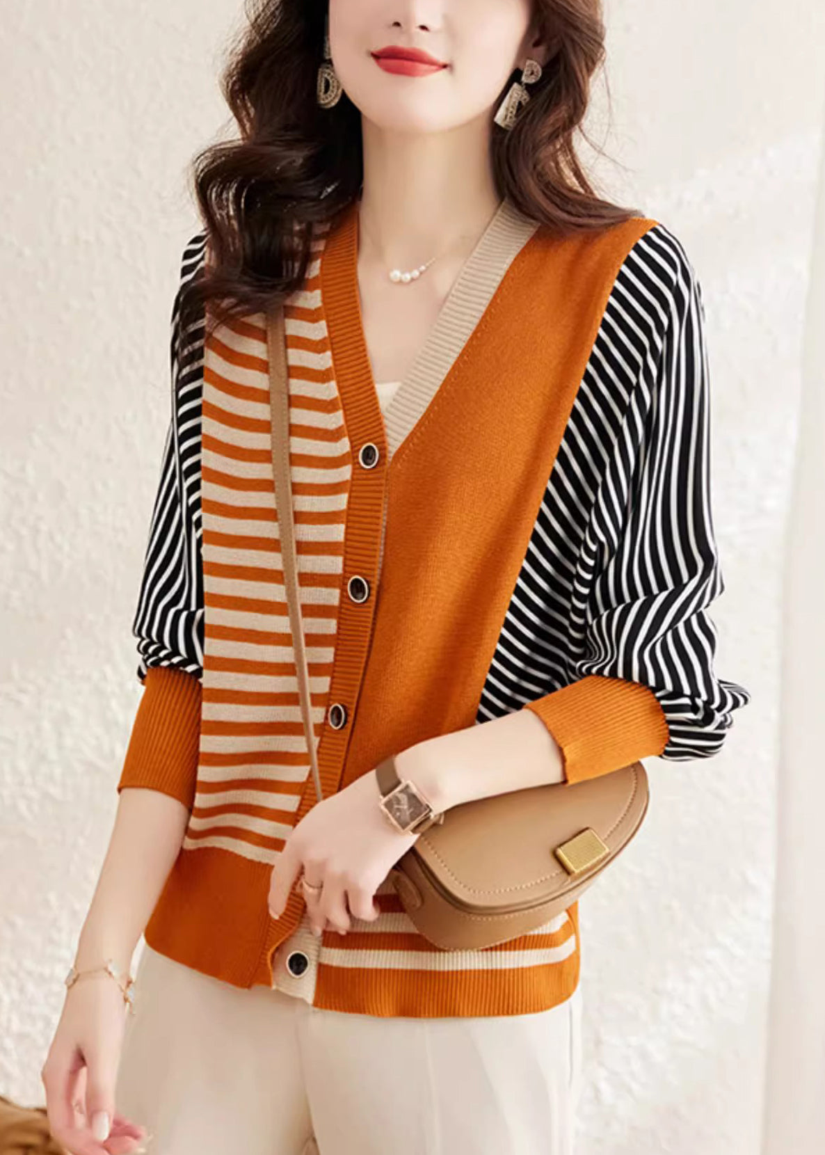 Mode Orange V-Ausschnitt Gestreiften Knopf Wollpullover Frühling TF045
