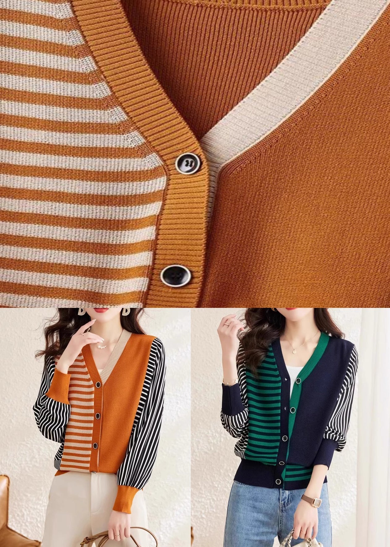 Mode Orange V-Ausschnitt Gestreiften Knopf Wollpullover Frühling TF045