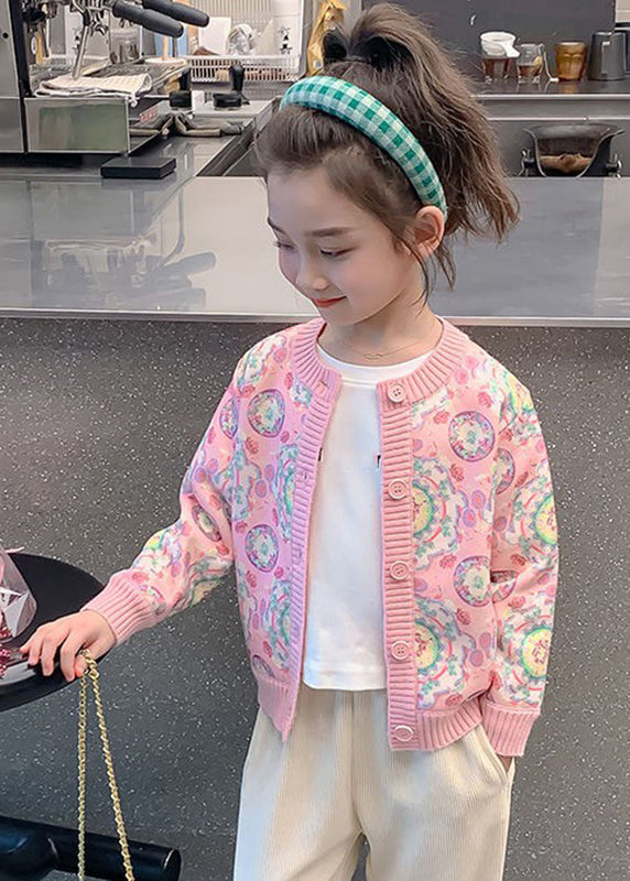 Cardigan en tricot de coton à boutons imprimé rose tendance pour enfants, printemps TP032