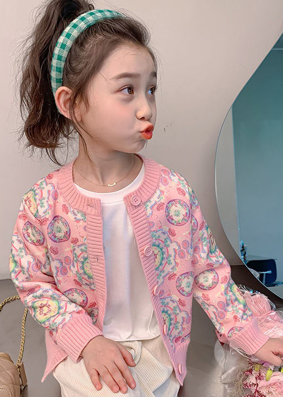 Cardigan en tricot de coton à boutons imprimé rose tendance pour enfants, printemps TP032