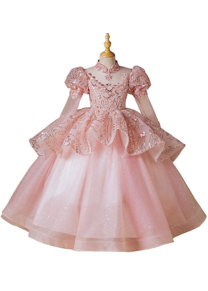 Mode Rosa Stehkragen Patchwork Tüll Mädchen Langes Kleid Langarm YG010